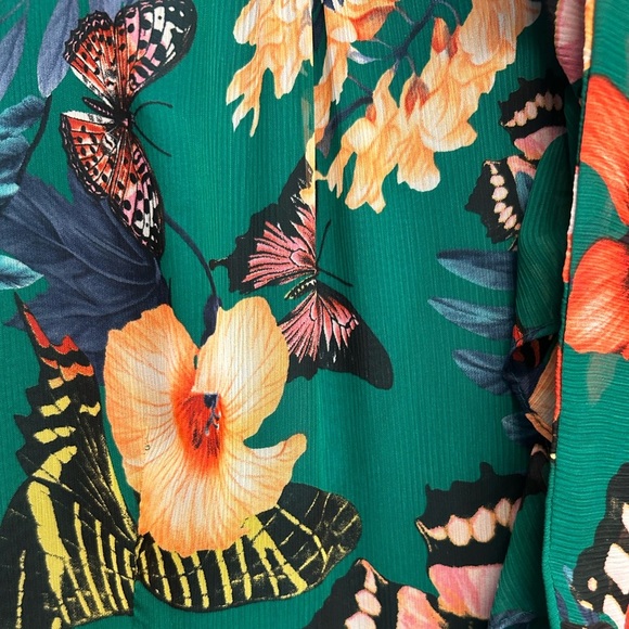 Green Floral Butterflies Mock Neck Sheer Short Sleeve Ruffle Maxi Dress Small - Picture 7 of 10